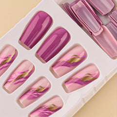 24pcs Glitter Pink Coffin Press On Nails with Line Designs