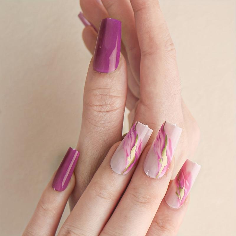 24pcs Glitter Pink Coffin Press On Nails with Line Designs