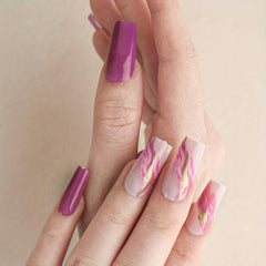 24pcs Glitter Pink Coffin Press On Nails with Line Designs