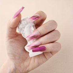 24pcs Glitter Pink Coffin Press On Nails with Line Designs