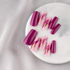 24pcs Glitter Pink Coffin Press On Nails with Line Designs