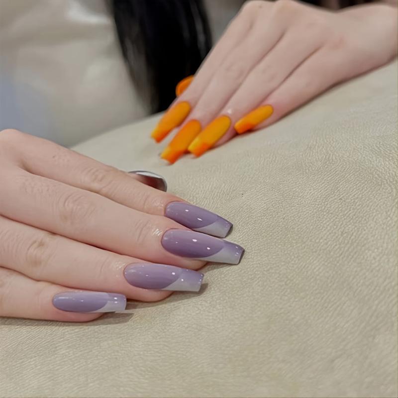 24 Pcs Violet Orange Press On Nails Coffin False Glossy Acrylic Ball