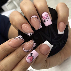Floral Heart Cow Print Press On Nails 96 Pcs Set with Adhesive Tabs