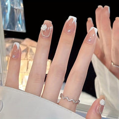 Flower Pearl Rhinestone Press On Nails Set with Adhesive Tabs