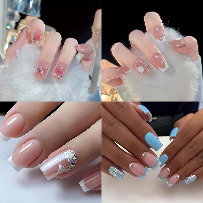 Flower Pearl Rhinestone Press On Nails Set with Adhesive Tabs