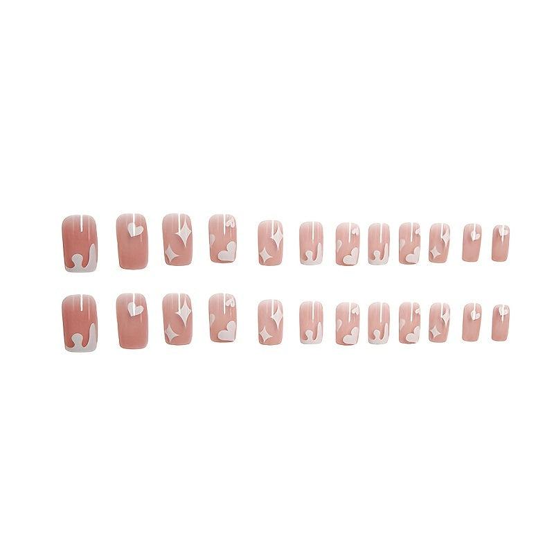 24 pcs Milk Heart Acrylic Press On Nails Medium Square False Nails Set