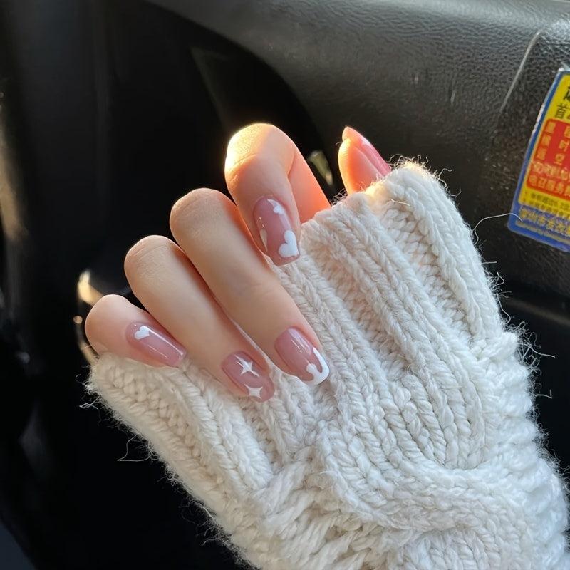 24 pcs Milk Heart Acrylic Press On Nails Medium Square False Nails Set