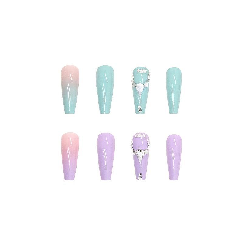 24pcs Rhinestone Double Coffin Long Press On Nails Full Cover Purple Green