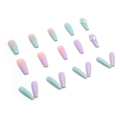 24pcs Rhinestone Double Coffin Long Press On Nails Full Cover Purple Green