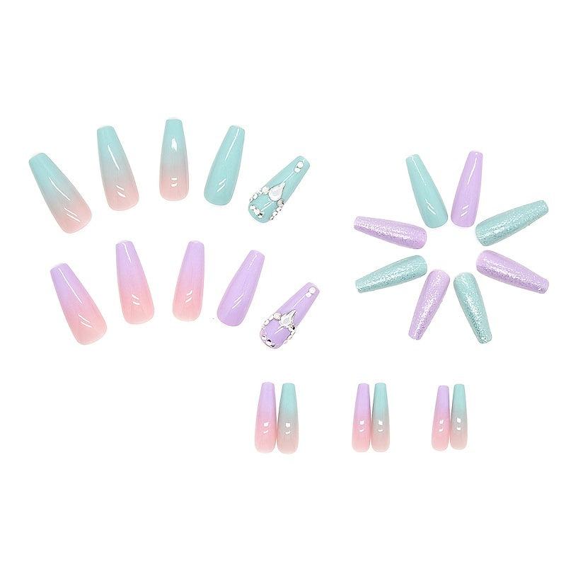 24pcs Rhinestone Double Coffin Long Press On Nails Full Cover Purple Green