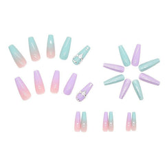 24pcs Rhinestone Double Coffin Long Press On Nails Full Cover Purple Green