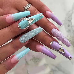 24pcs Rhinestone Double Coffin Long Press On Nails Full Cover Purple Green