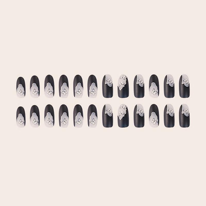 24 Pcs Butterfly Nail Patch Dark Long Length Gel Nail Kit
