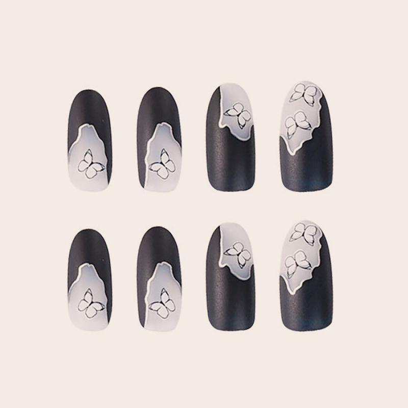 24 Pcs Butterfly Nail Patch Dark Long Length Gel Nail Kit