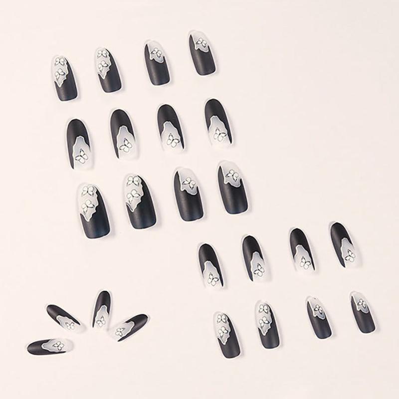 24 Pcs Butterfly Nail Patch Dark Long Length Gel Nail Kit