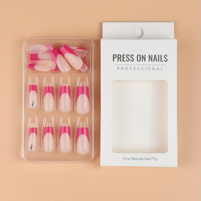 24pcs Pink French Tip Press On Nails Long Coffin Glossy Rose Red Edge