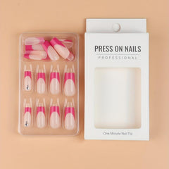 24pcs Pink French Tip Press On Nails Long Coffin Glossy Rose Red Edge