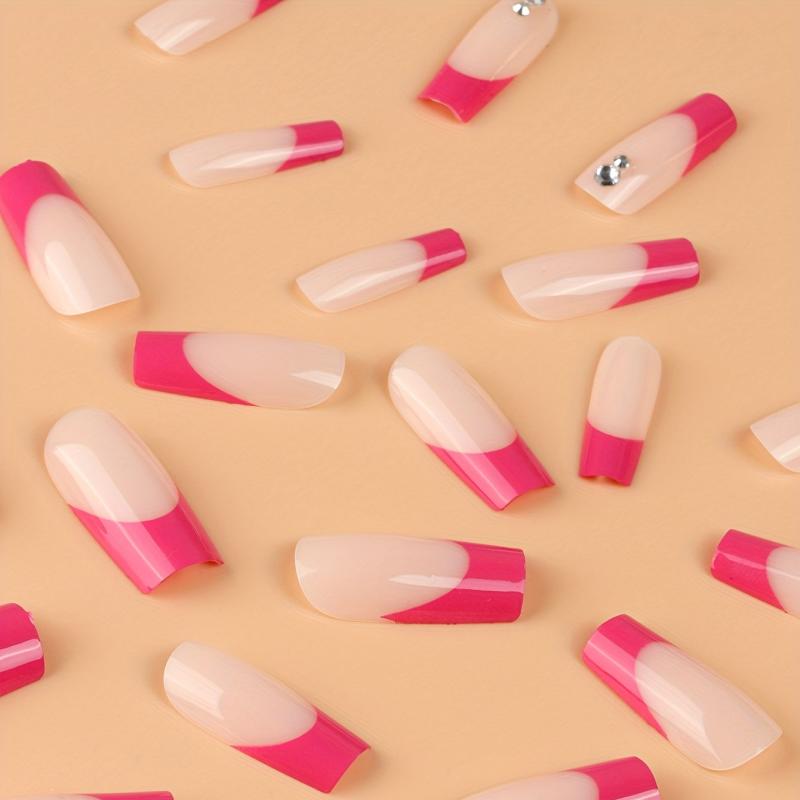 24pcs Pink French Tip Press On Nails Long Coffin Glossy Rose Red Edge