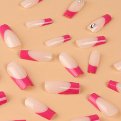 24pcs Pink French Tip Press On Nails Long Coffin Glossy Rose Red Edge