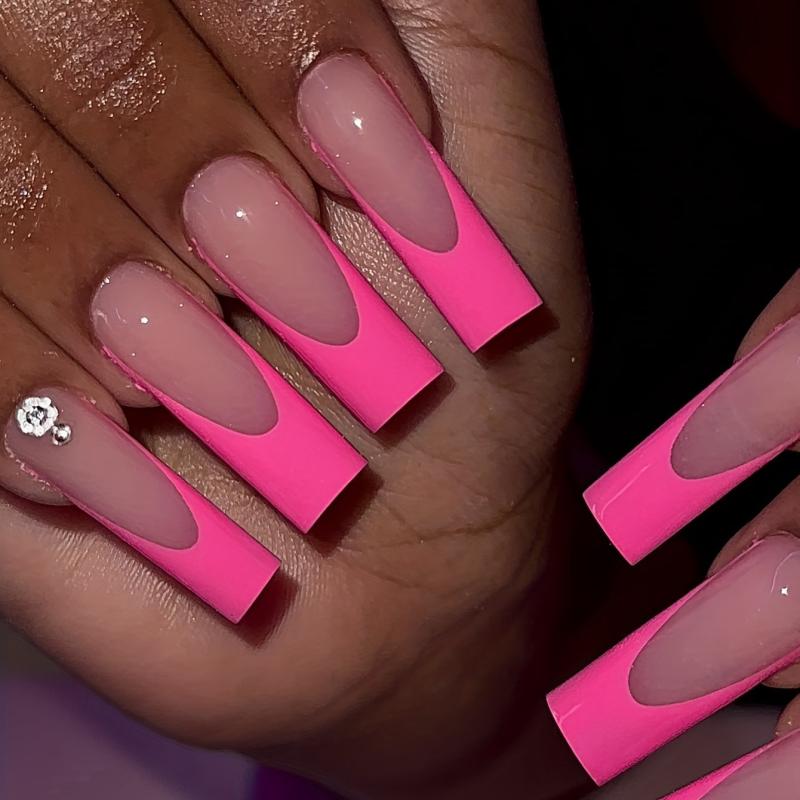 24pcs Pink French Tip Press On Nails Long Coffin Glossy Rose Red Edge