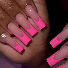 24pcs Pink French Tip Press On Nails Long Coffin Glossy Rose Red Edge