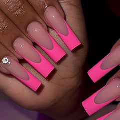 24pcs Pink French Tip Press On Nails Long Coffin Glossy Rose Red Edge