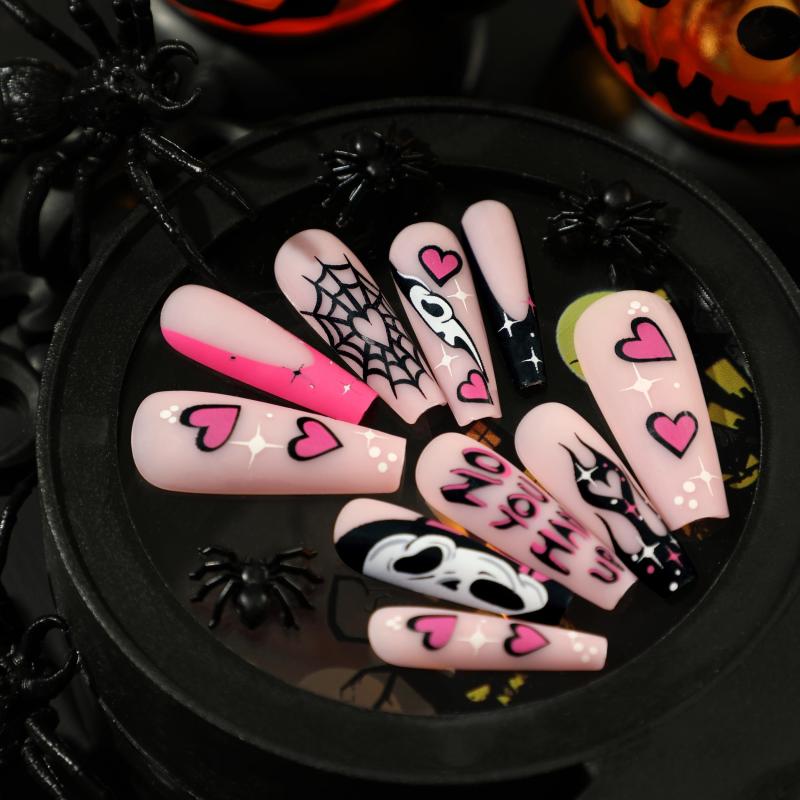 Matte Pink Halloween Press On Nails Full Cover Long Coffin False Nails
