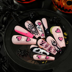 Matte Pink Halloween Press On Nails Full Cover Long Coffin False Nails