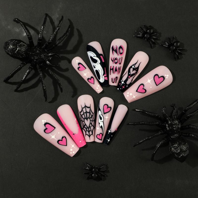 Matte Pink Halloween Press On Nails Full Cover Long Coffin False Nails