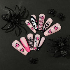 Matte Pink Halloween Press On Nails Full Cover Long Coffin False Nails
