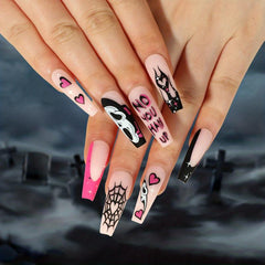 Matte Pink Halloween Press On Nails Full Cover Long Coffin False Nails