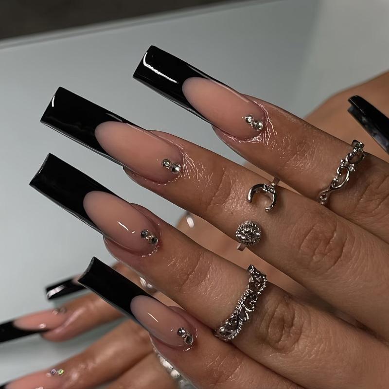 24pcs Nude Acrylic False Rhinestone Nails Long Lasting