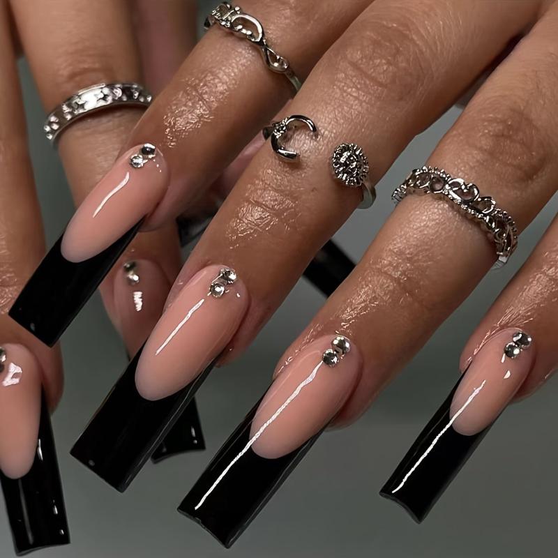 24pcs Nude Acrylic False Rhinestone Nails Long Lasting