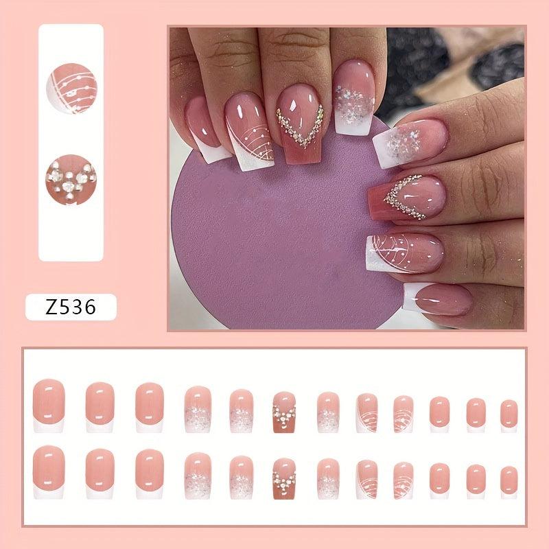 24pcs Rhinestone Silver Glitter French Tip Press-On Nails for Women and Girls