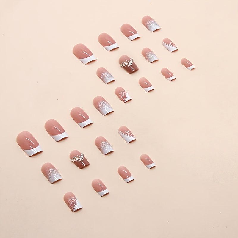24pcs Rhinestone Silver Glitter French Tip Press-On Nails for Women and Girls