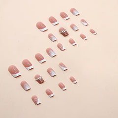24pcs Rhinestone Silver Glitter French Tip Press-On Nails for Women and Girls