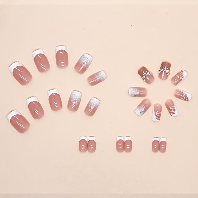 24pcs Rhinestone Silver Glitter French Tip Press-On Nails for Women and Girls