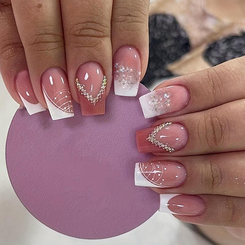 24pcs Rhinestone Silver Glitter French Tip Press-On Nails for Women and Girls