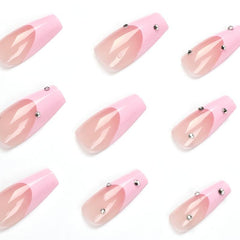 Pink Coffin Press On Nails with Rhinestones for Women