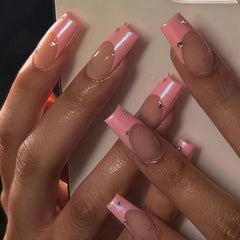Pink Coffin Press On Nails with Rhinestones for Women