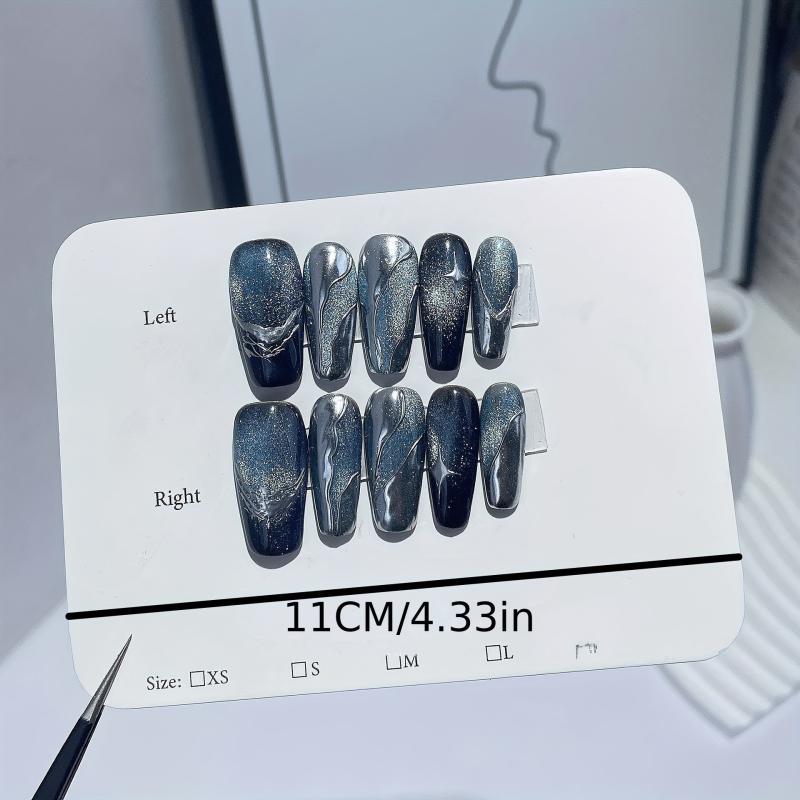 10pcs Cat Eye Press On Nails with Silvery Star Glossy Medium Ballet False Nails