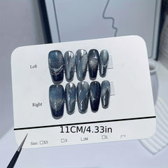 10pcs Cat Eye Press On Nails with Silvery Star Glossy Medium Ballet False Nails