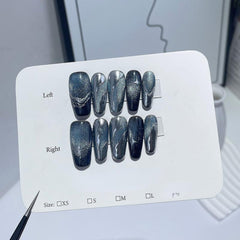 10pcs Cat Eye Press On Nails with Silvery Star Glossy Medium Ballet False Nails