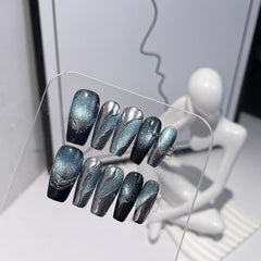 10pcs Cat Eye Press On Nails with Silvery Star Glossy Medium Ballet False Nails