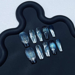10pcs Cat Eye Press On Nails with Silvery Star Glossy Medium Ballet False Nails