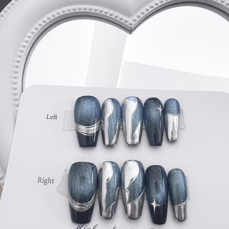 10pcs Cat Eye Press On Nails with Silvery Star Glossy Medium Ballet False Nails