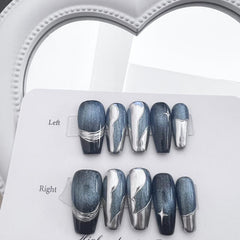 10pcs Cat Eye Press On Nails with Silvery Star Glossy Medium Ballet False Nails
