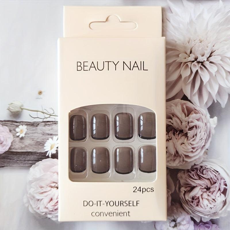 24pcs Glossy French Tip Press On Nails Short Square False Nails