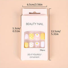 24pcs Glossy French Tip Press On Nails Short Square False Nails