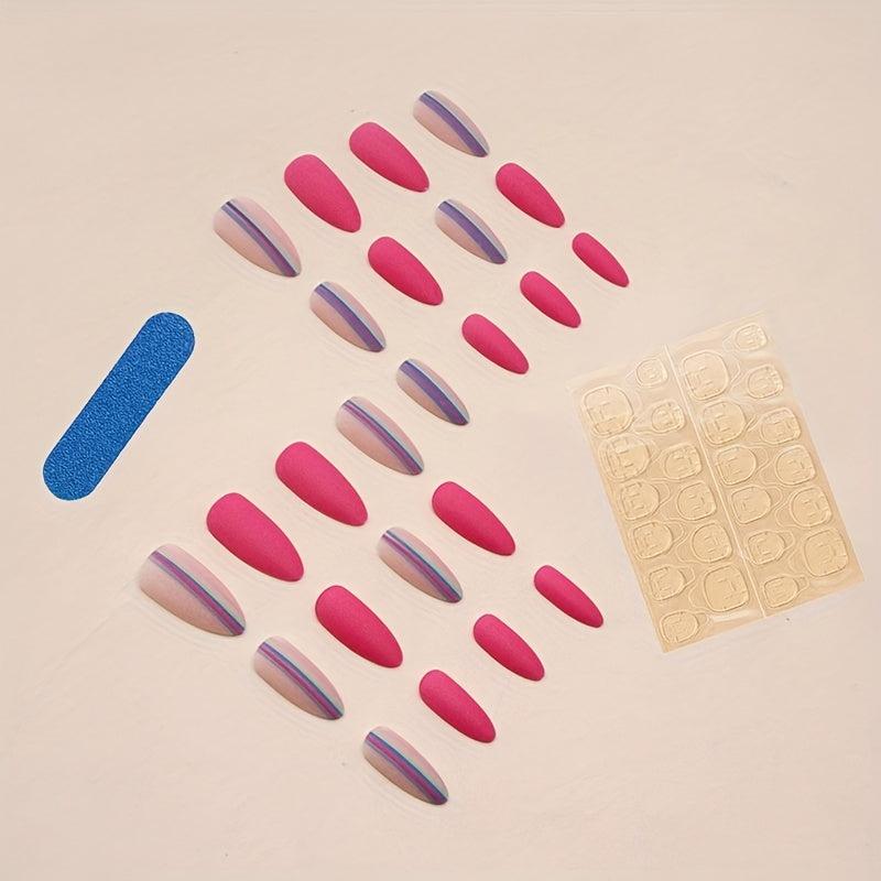 24pcs Matte Pink Press On Nails, Long Almond False Nails with Hot Pink Glue